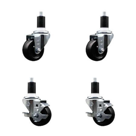 Service Caster 3'' Soft Rubber Wheel Swivel 1-1/2'' Expanding Stem Caster Set 2 Brakes, 4PK SCC-EX20S314-SRS-2-TLB-2-112